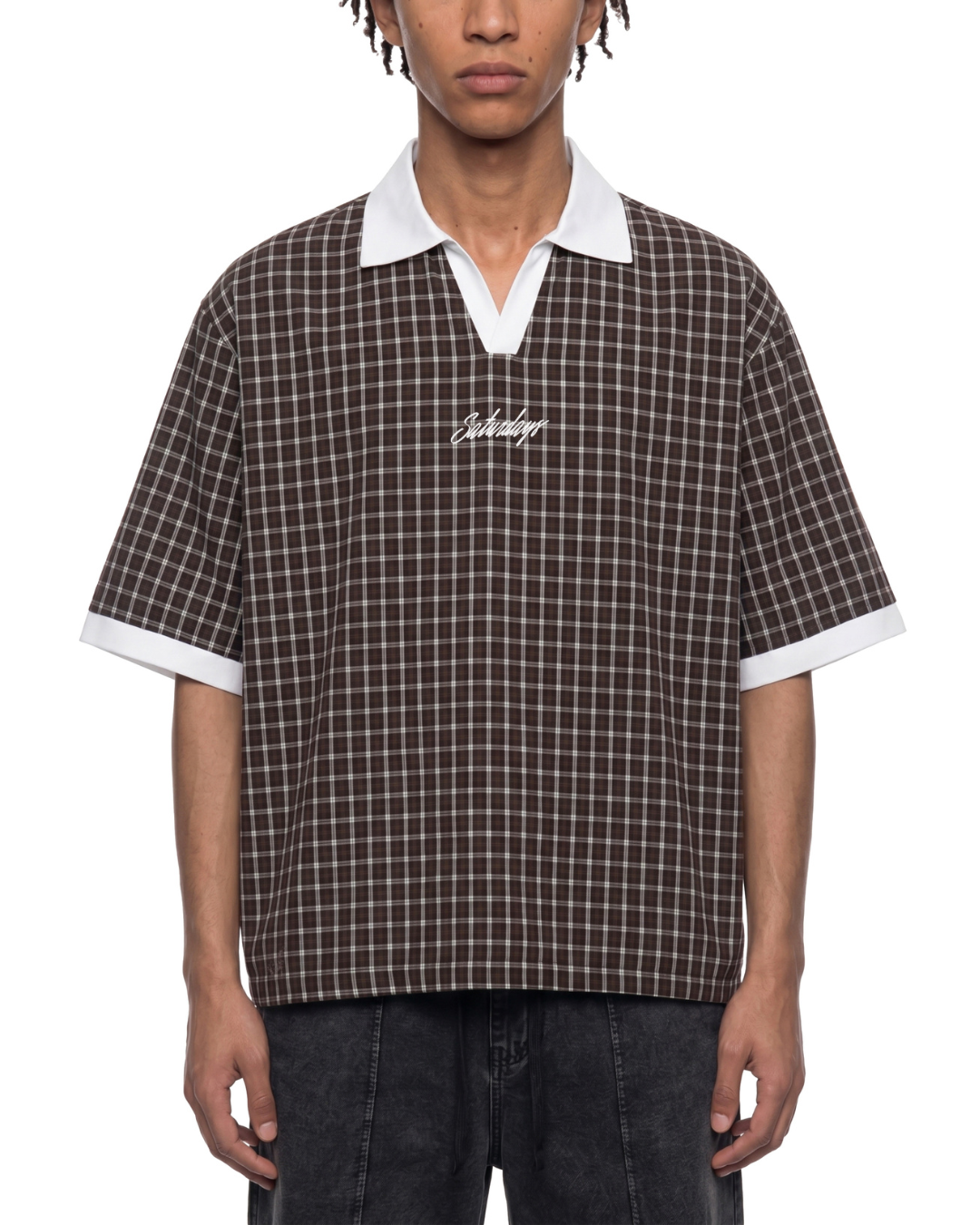 Saturdays Unisex Boxy Plaid Color Block Polo Shirt