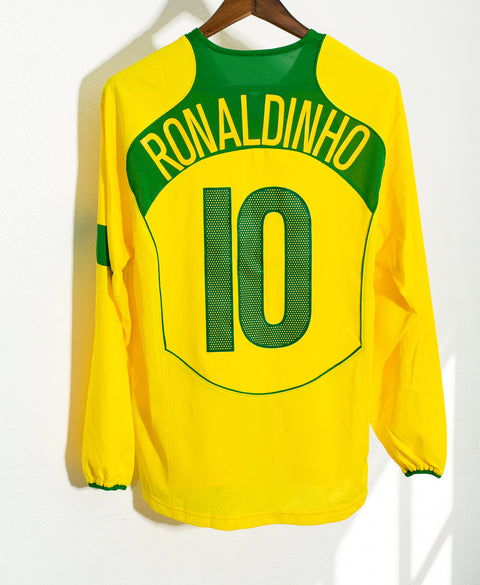 Brazil 2004 Ronaldinho Long Sleeve Home Kit (S)