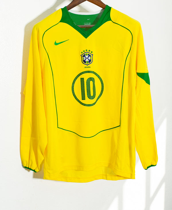 Brazil 2004 Ronaldinho Long Sleeve Home Kit (S)