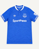 Front of Everton 2018-19 home kit, royal blue Umbro shirt, Richarlison vintage football shirt, size L, flat lay