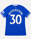 Back of Everton 2018-19 home kit with Richarlison name and number, vintage football shirt, size L, flat lay