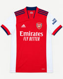 Front of Arsenal 2021-22 home kit, red adidas shirt with white sleeves, Martin Odegaard vintage football shirt, size M, flat lay