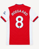 Back of Arsenal 2021-22 home kit with Martin Odegaard name and number, vintage football shirt, size M, flat lay
