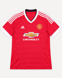 Front of Manchester United 2015-16 home kit, red adidas shirt, Luke Shaw vintage football shirt, size L, flat lay