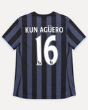 Back of Manchester City 2012-13 third kit with Sergio "Kun" Aguero name and number, vintage football shirt, size L, flat lay