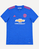 Front of Manchester United 2016-17 away kit, blue adidas shirt, Michael Carrick vintage football shirt, size L, flat lay