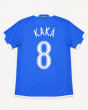 Back of Brazil 2006-07 away kit with Ricardo Kaka name and number, vintage football shirt, size L, flat lay