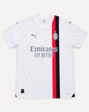 Front of AC Milan 2023-24 away kit, white Puma shirt with red and black details, Olivier Giroud vintage football shirt, size L, flat lay