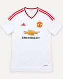 Front of Manchester United 2015-16 away kit, white adidas shirt, Wayne Rooney vintage football shirt, size M, flat lay