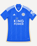Front of Leicester 2023-24 home kit, royal blue adidas shirt, Jamie Vardy vintage football shirt, size M, flat lay