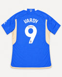 Back of Leicester 2023-24 home kit with Jamie Vardy name and number, vintage football shirt, size M, flat lay