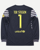 Back of Barcelona 2015-16 goalkeeper away kit with Ter Stegen name and number, vintage football shirt, size XL, flat lay