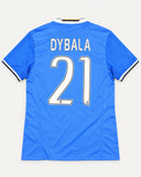 Back of Juventus 2016-17 away kit with Paulo Dybala name and number, vintage football shirt, size M, flat lay