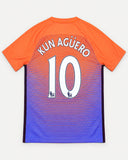 Back of Manchester City 2016-17 third kit with Sergio "Kun" Aguero name and number, vintage football shirt, size M, flat lay