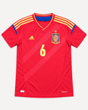 Front of Spain 2012-13 home kit, red adidas shirt with gold trim, Andres Iniesta vintage football shirt, size M, flat lay