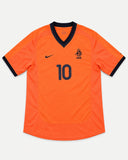 Front of Netherlands 2000-01 home kit, orange Nike shirt, Dennis Bergkamp vintage football shirt, size M, flat lay