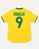 Back of Brazil 2000-01 home kit with Ronaldo Nazario name and number, vintage football shirt, size M, flat lay