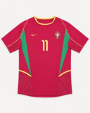 Front of Portugal 2002-03 home kit, red Nike shirt with green trim, Cristiano Ronaldo vintage football shirt, size M, flat lay