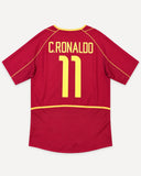 Back of Portugal 2002-03 home kit with Cristiano Ronaldo name and number, vintage football shirt, size M, flat lay