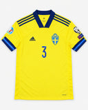 Front of Sweden 2020-21 home kit, yellow adidas shirt with blue trim, Victor Lindelof vintage football shirt, size L, flat lay