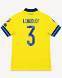 Back of Sweden 2020-21 home kit with Victor Lindelof name and number, vintage football shirt, size L, flat lay