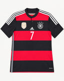 Front of Germany 2014-15 away kit, red and black striped adidas shirt, Bastian Schweinsteiger vintage football shirt, size XL, flat lay