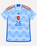 Front of Spain 2022-23 away kit, light blue adidas shirt, Pedri Gonzalez vintage football shirt, size L, flat lay