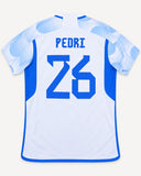 Back of Spain 2022-23 away kit with Pedri Gonzalez name and number, vintage football shirt, size L, flat lay