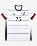 Front of Germany 2020-21 home kit, white adidas shirt with black pinstripes, Thomas Muller vintage football shirt, size XL, flat lay