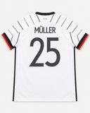 Back of Germany 2020-21 home kit with Thomas Muller name and number, vintage football shirt, size XL, flat lay
