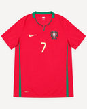 Front of Portugal 2008-09 home kit, red Nike shirt with green trim, Cristiano Ronaldo vintage football shirt, size XL, flat lay