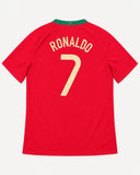 Back of Portugal 2008-09 home kit with Cristiano Ronaldo name and number, vintage football shirt, size XL, flat lay