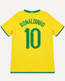Back of Brazil 2008-09 home kit with Ronaldinho name and number, vintage football shirt, size L, flat lay