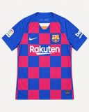 Front of Barcelona 2019-20 home kit, blue and red checkered Nike shirt, Lionel Messi vintage football shirt, size M, flat lay