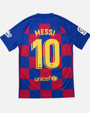 Back of Barcelona 2019-20 home kit with Lionel Messi name and number, vintage football shirt, size M, flat lay