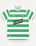Front of Celtic 2003-04 home kit, green and white hooped Umbro shirt, Henrik Larsson vintage football shirt, size L, flat lay