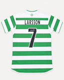 Back of Celtic 2003-04 home kit with Henrik Larsson name and number, vintage football shirt, size L, flat lay