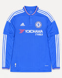 Front of Chelsea 2015-16 home kit, blue adidas shirt, Eden Hazard vintage football shirt, size M, flat lay