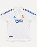 Front of Real Madrid 2001-02 home kit, white adidas centenary season shirt, Zinedine Zidane vintage football shirt, size L, flat lay