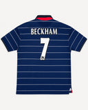 Back of Manchester United 1999-00 away kit with David Beckham name and number, vintage football shirt, size 2XL, flat lay
